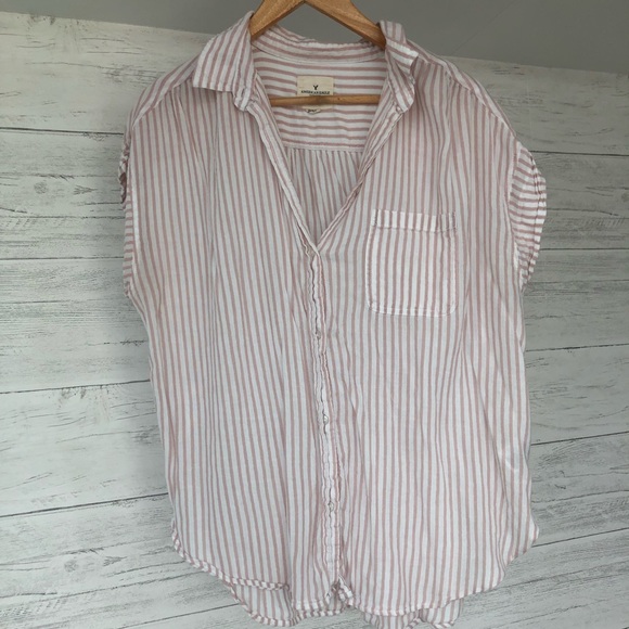 American Eagle Outfitters Tops - Pink striped, button-up T-shirt